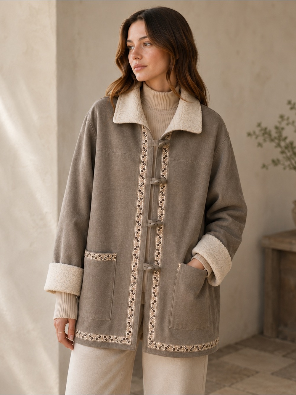 Alfred Dunner Faux Suede Toggle Jacket Coat Tan Beige Size 18 Quiet Luxury